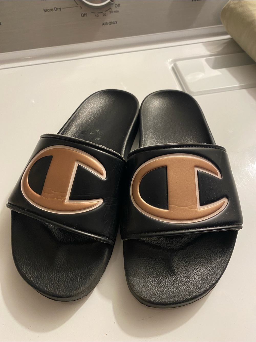 Champion Black Slides with Pink Logo Emblem